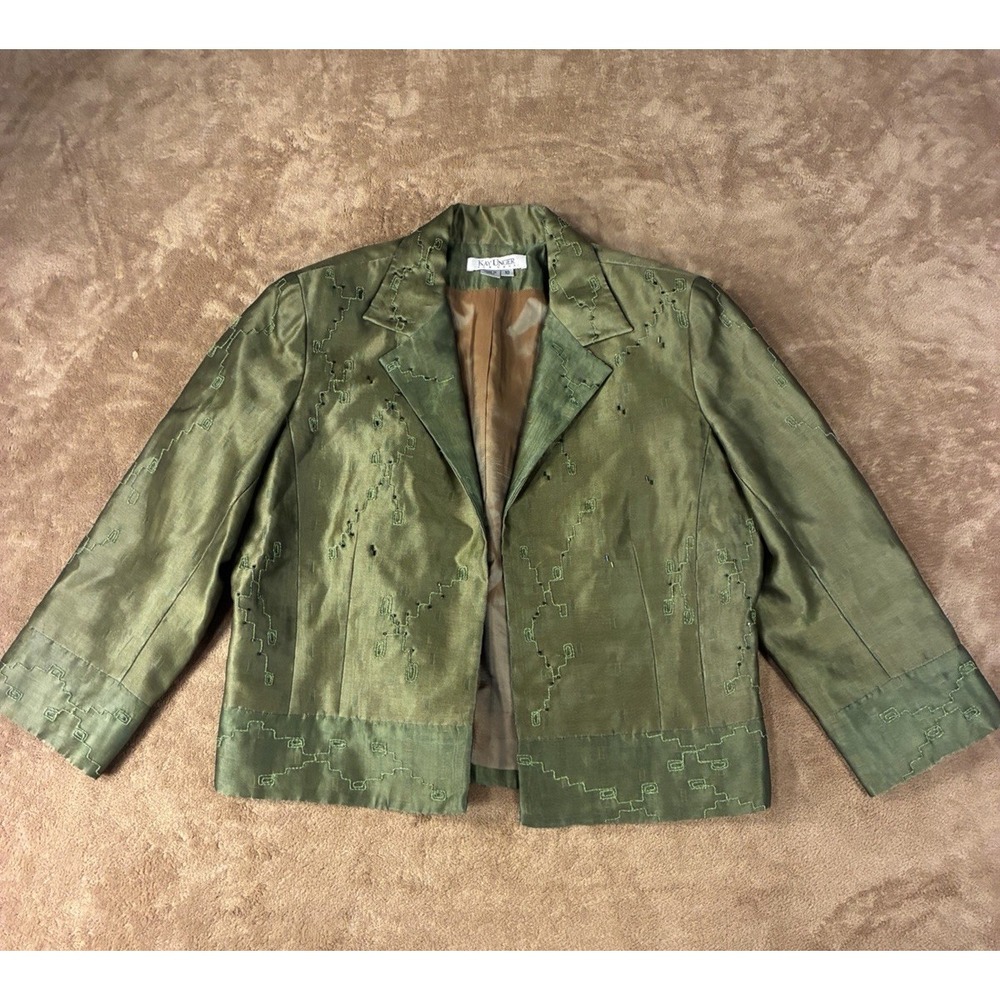 VTG 90s Kay Unger NY Olive Green 100% Silk Beaded Embroidered Blazer Jacket 10